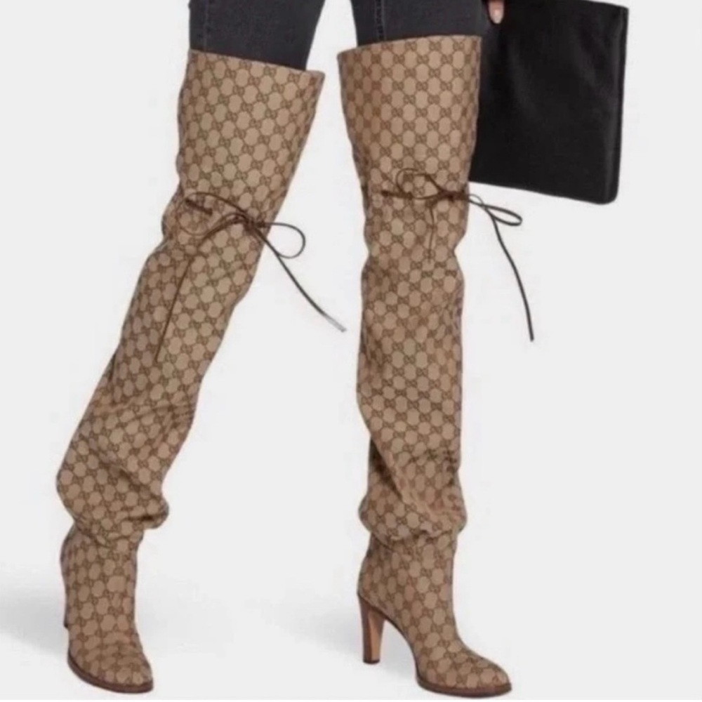 GUCCI women’s Signature GG Over the Knee Canvas Boots